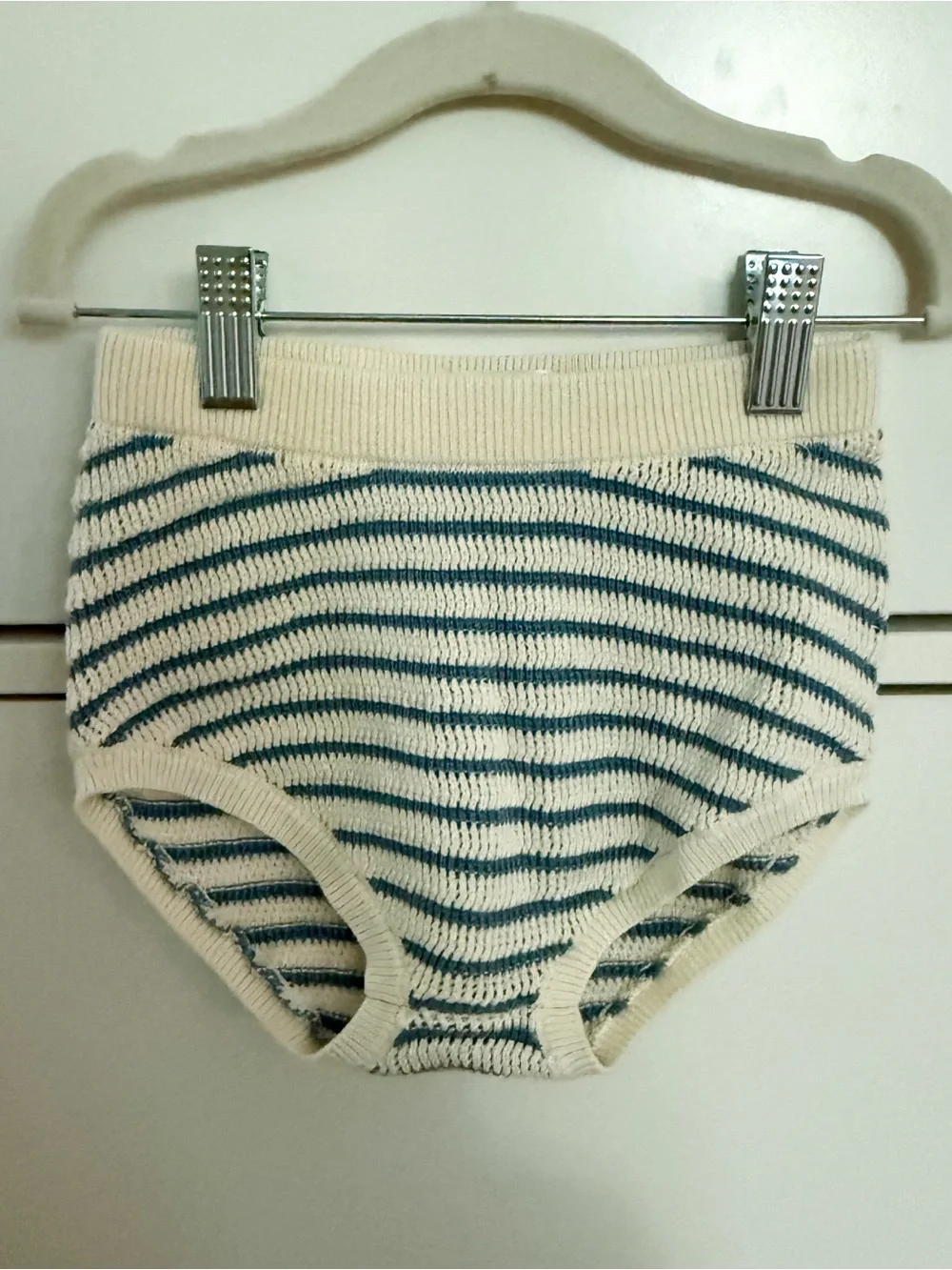 Cream and Blue Striped Ruffle Collar Knit Cardigan + Bloomers Matching Set 24M